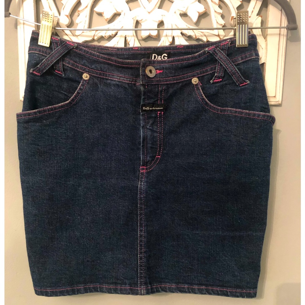 D&G Dark Wash Denim Miniskirt with Pink Stitching Size 24